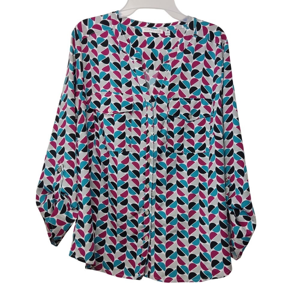 Notations Blouse Women 2X Multi Geometric Roll-Tab Sleeve‎ Button Up Pocket Top